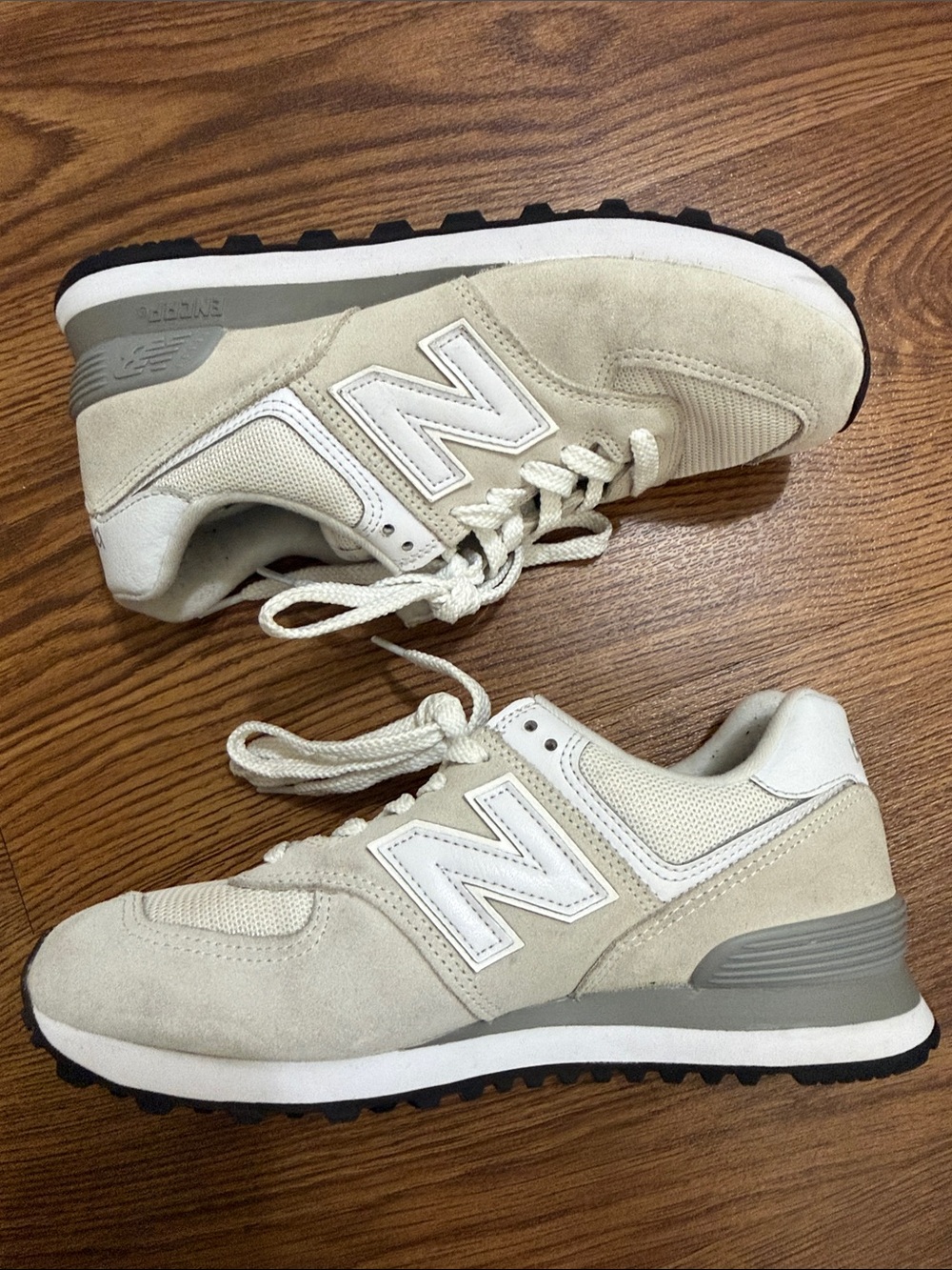 New Balance Beige and White Suede Runner Sneakers